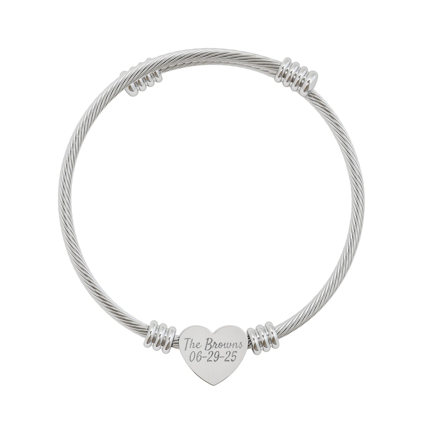 Engravable Heart Cuff Bracelet – Personalized Silver Cable Bangle