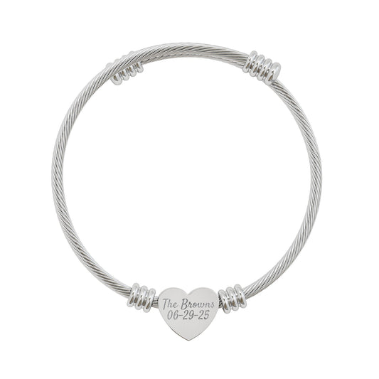 Engravable Heart Cuff Bracelet – Personalized Silver Cable Bangle