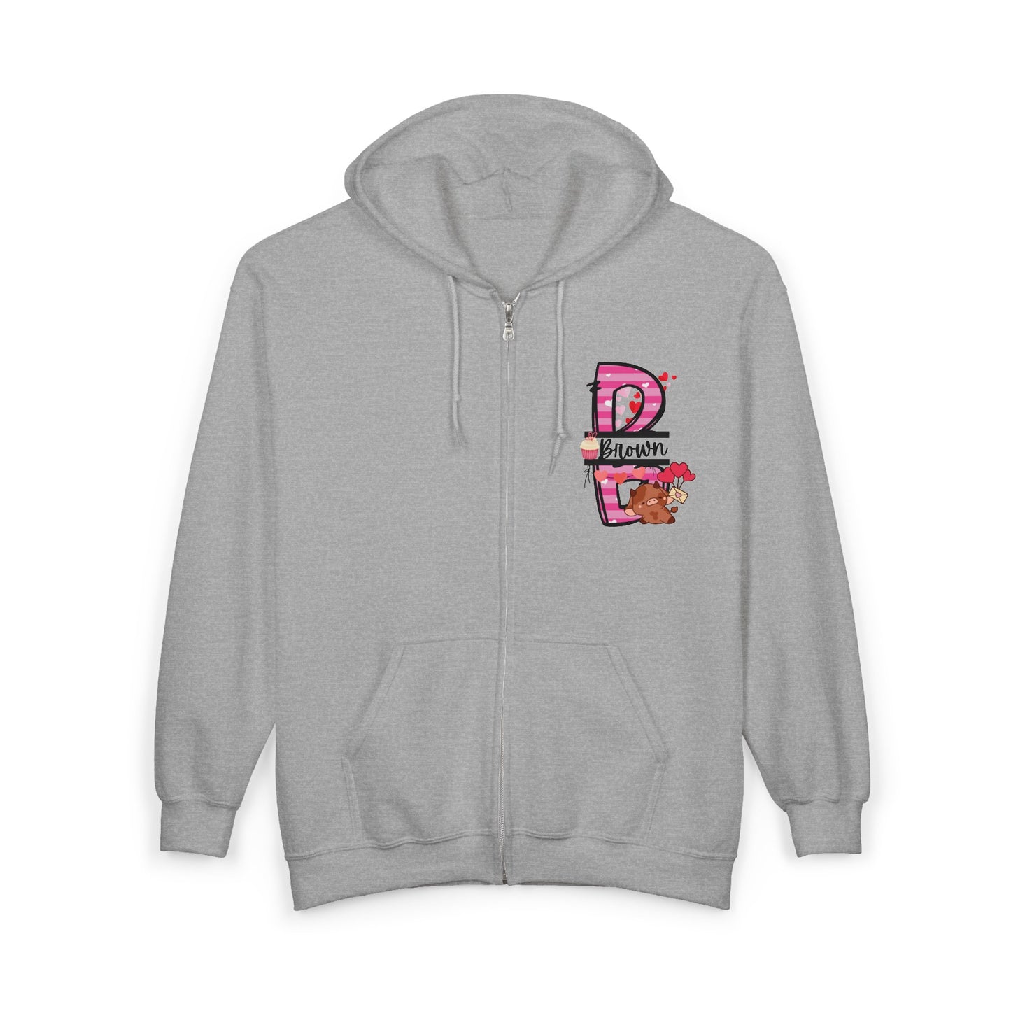 Valentine's Monogram Highland Cow Zippered Hoodie
