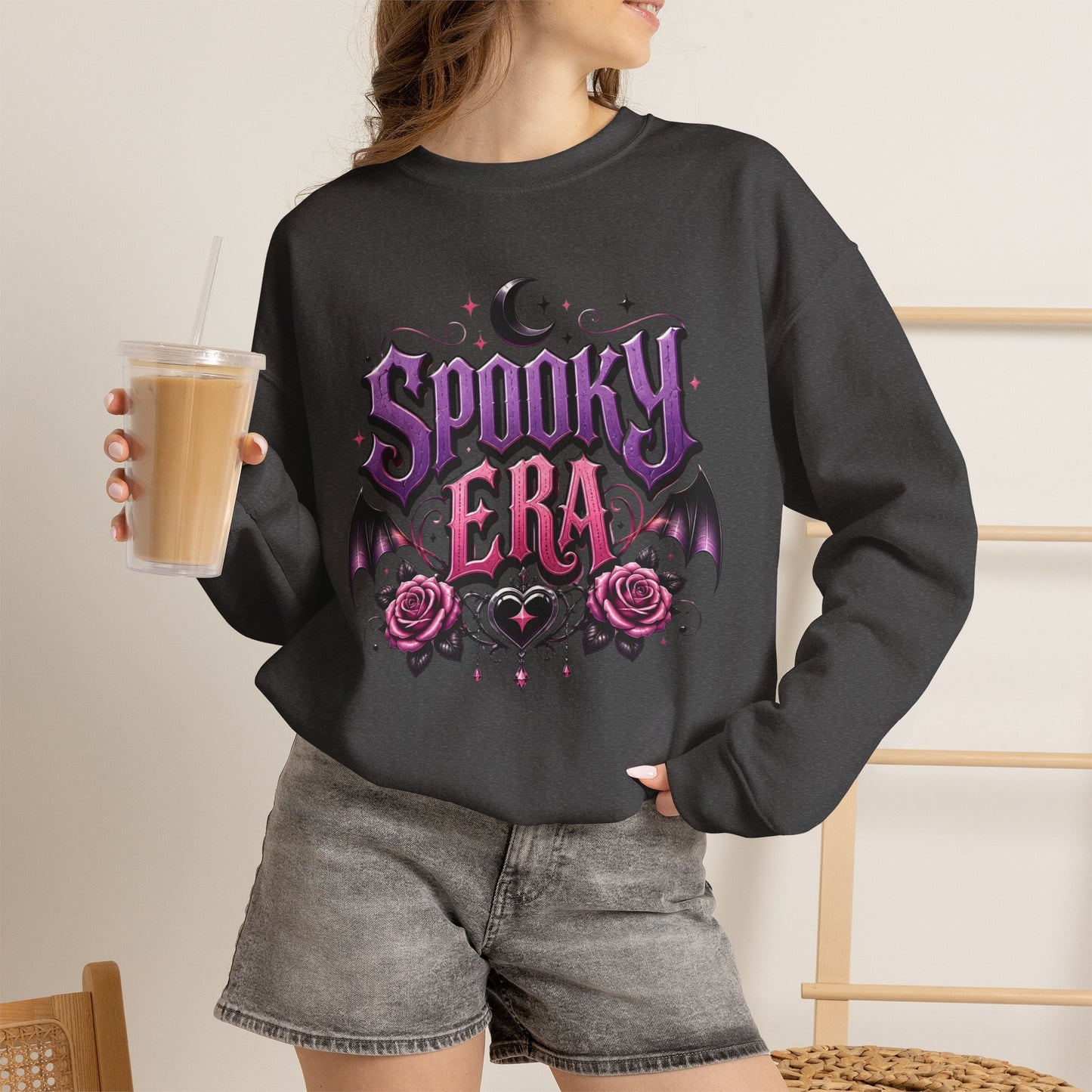 Spooky Era Sweatshirt — Gothic Moon, Bats & Roses Halloween Crewneck