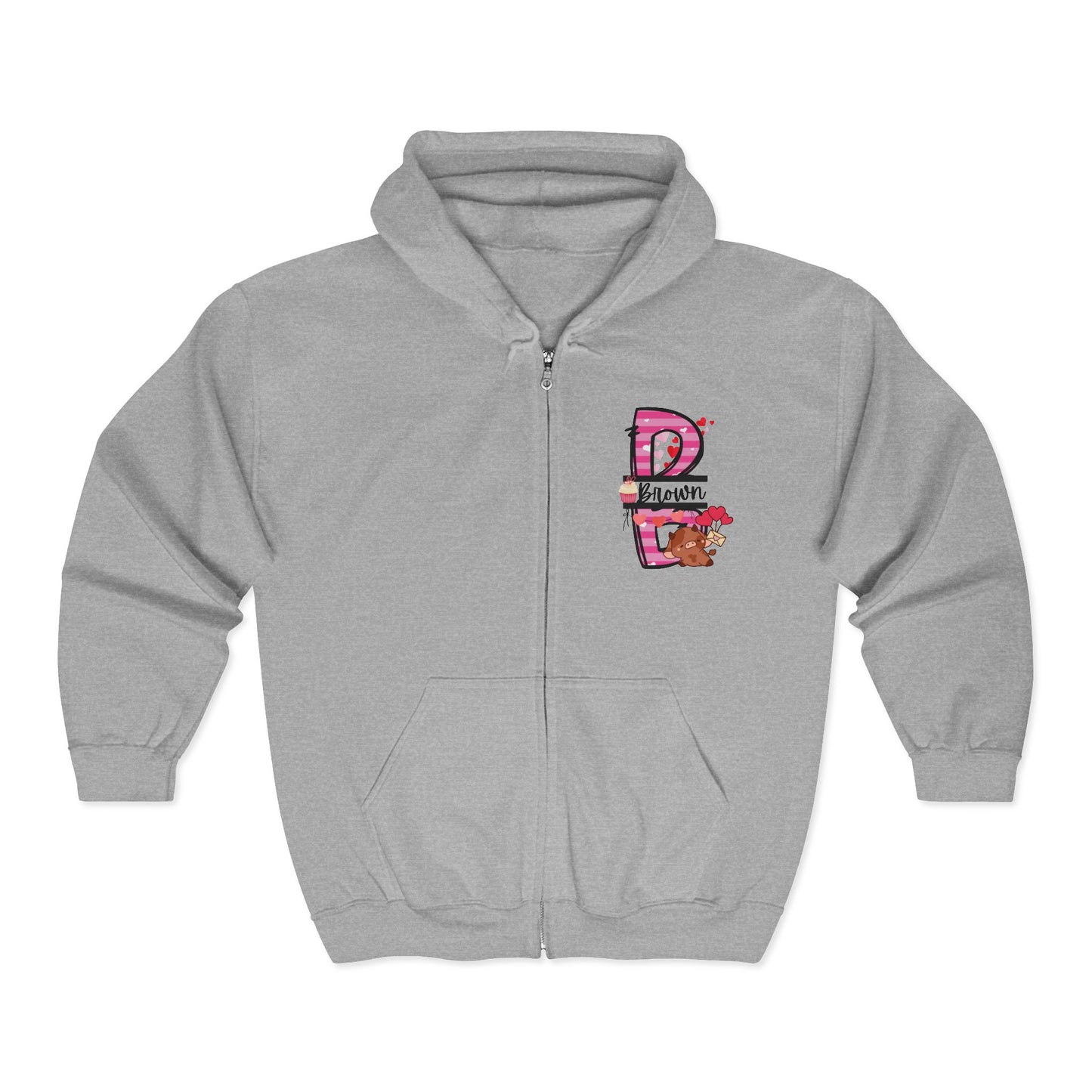 Valentine's Monogram Highland Cow Zippered Hoodie
