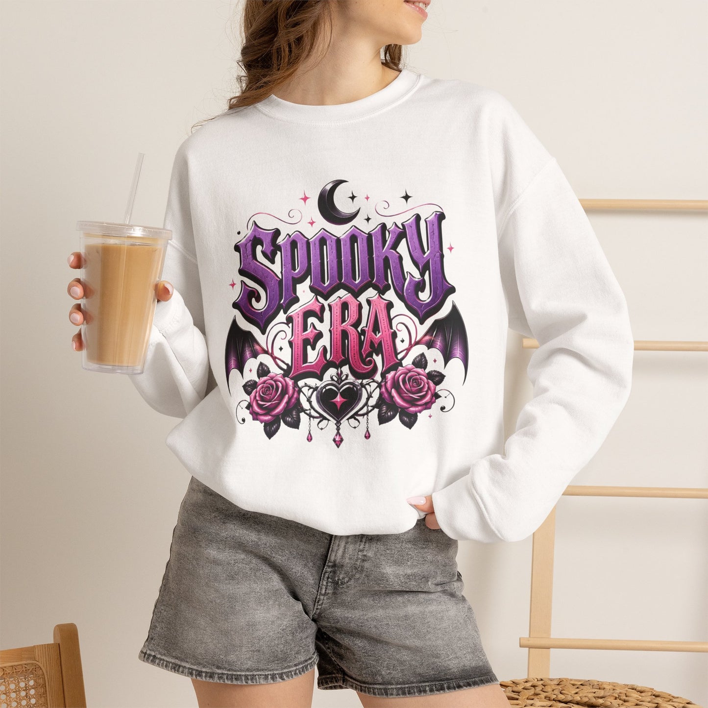 Spooky Era Sweatshirt — Gothic Moon, Bats & Roses Halloween Crewneck