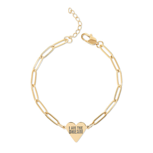 Engraved Paperclip Heart Bracelet — Personalized 'I AM THE DREAM' Gold/Rose