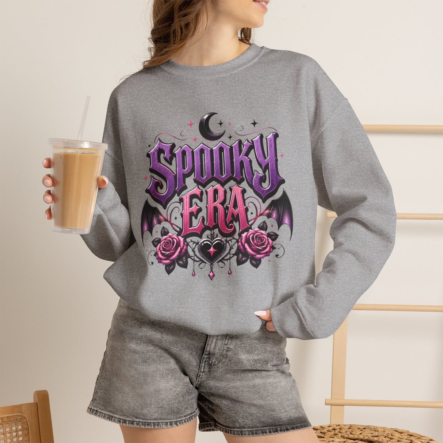 Spooky Era Sweatshirt — Gothic Moon, Bats & Roses Halloween Crewneck